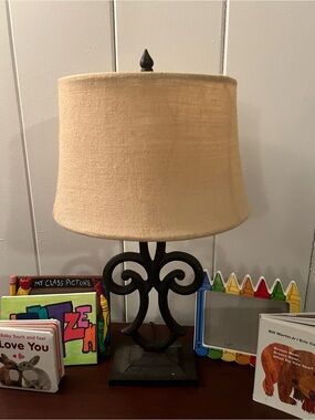 Pottery Barn Beige Drum Shade Table Lamp with Scroll Metal Base
